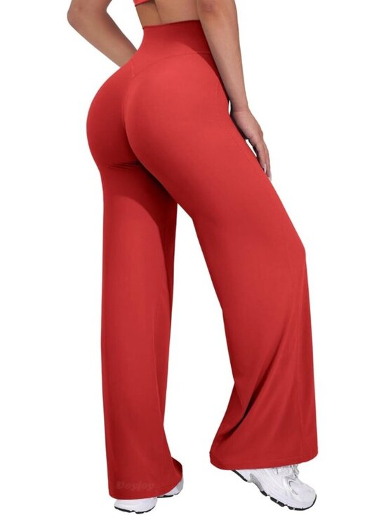 Pants - Women's Red High Waist Stretch Casual Straight Bottoms Wide Leggings